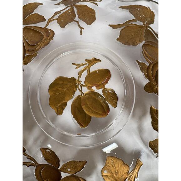 Vintage Glass Intaglio Plate Dish Goofus Glass Ruffled Gold Rim Red Fruit 10.5" - Picture 4 of 16